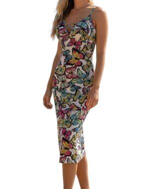 No Boundaries Midi Multi-Color Butterfly Print Adjustable Strap Dress – Various